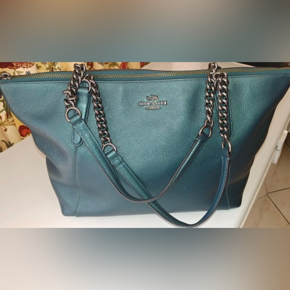 Coach Ava Nickel Chain Metallic Teal Green Blue Pebble Leather Tote NWOT F22208